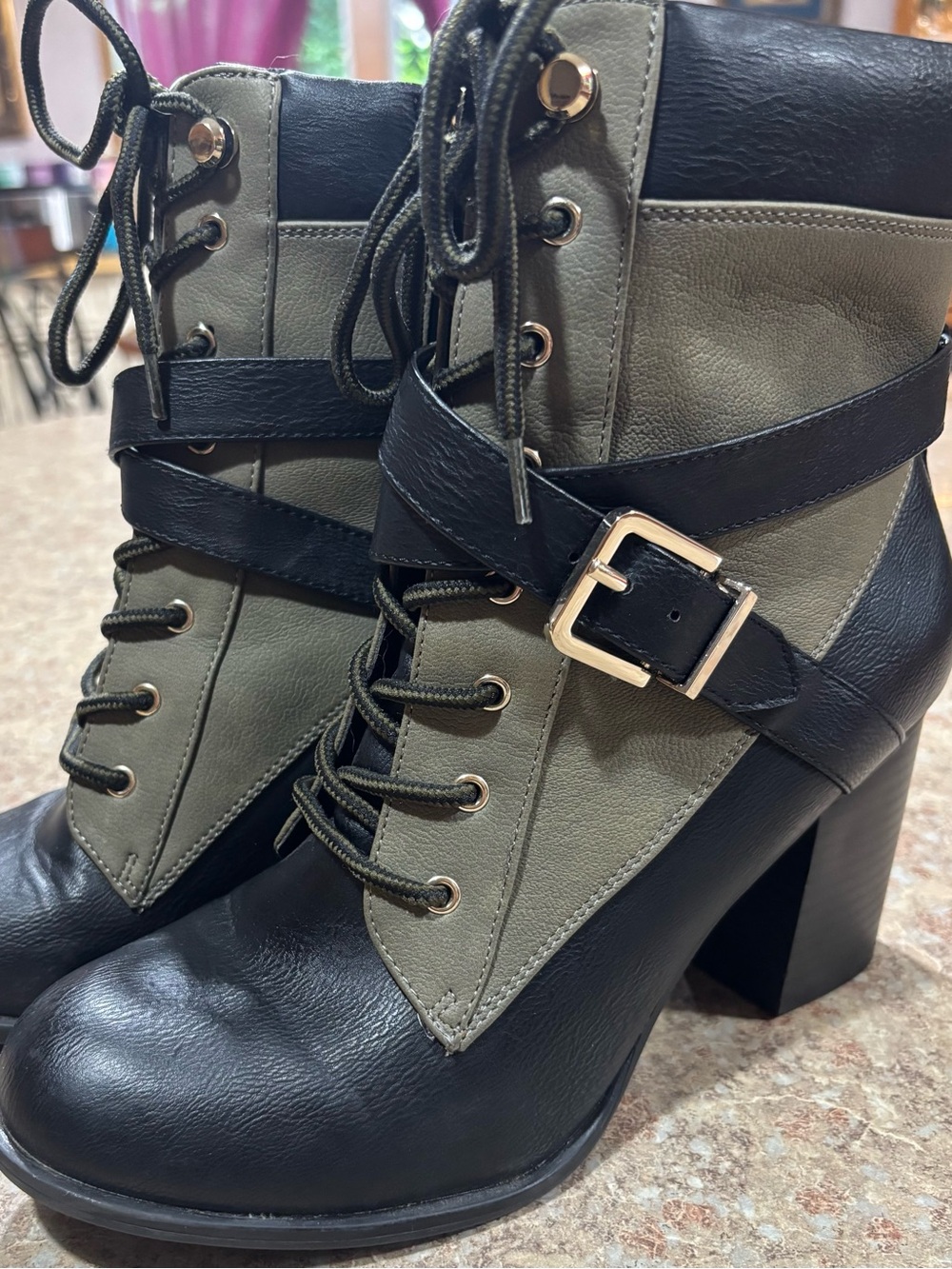 Kohl's Black and Olive Lace-Up Block Heel Ankle Boots